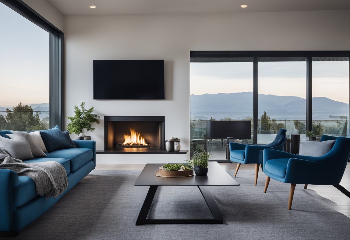 A modern living room with sleek furniture, a cozy fireplace, and large windows overlooking a scenic view. Shades of blue and grey create a calming atmosphere