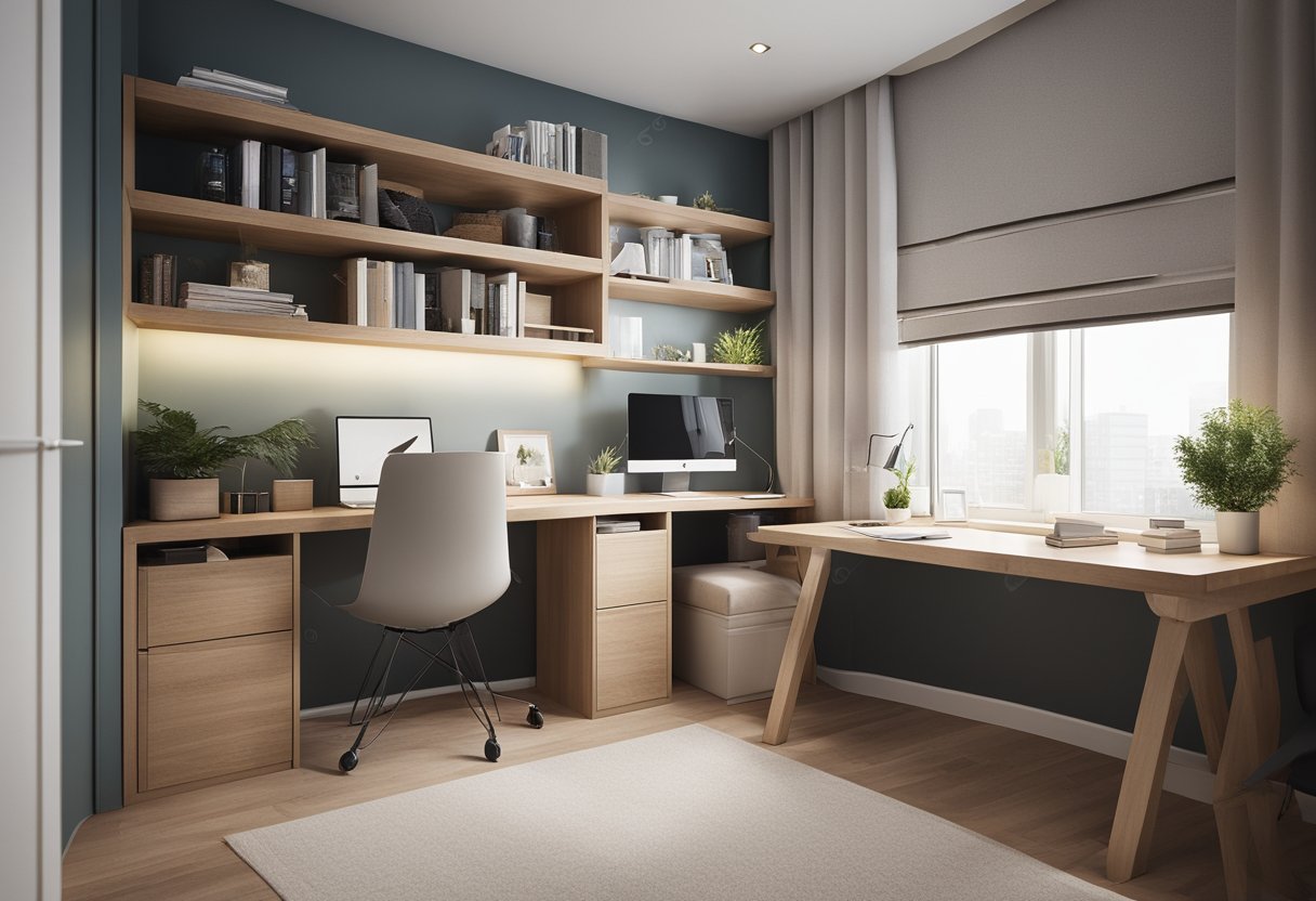 A small bedroom with a built-in desk and shelves, large windows letting in natural light, and minimalistic decor to maximize space