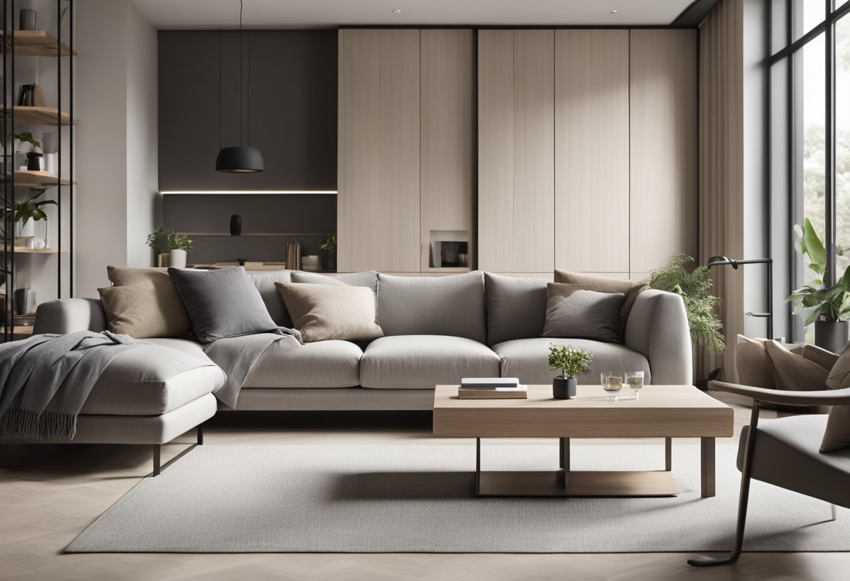 A modern, minimalist living room with clean lines, neutral colors, and natural light. A sleek, functional workspace seamlessly integrated into the design