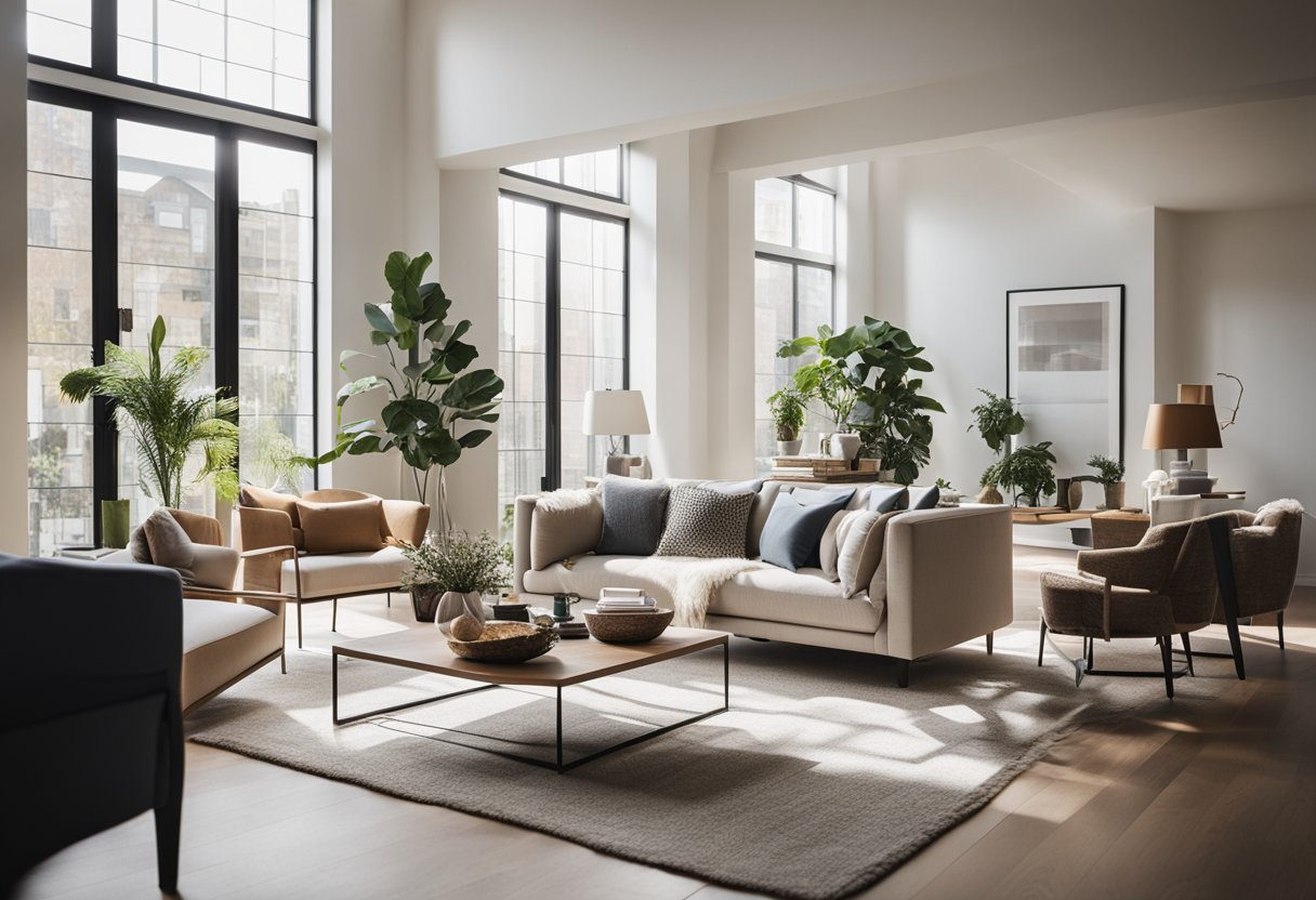 A cozy living room with modern furniture, a neutral color palette, and plenty of natural light coming in through large windows