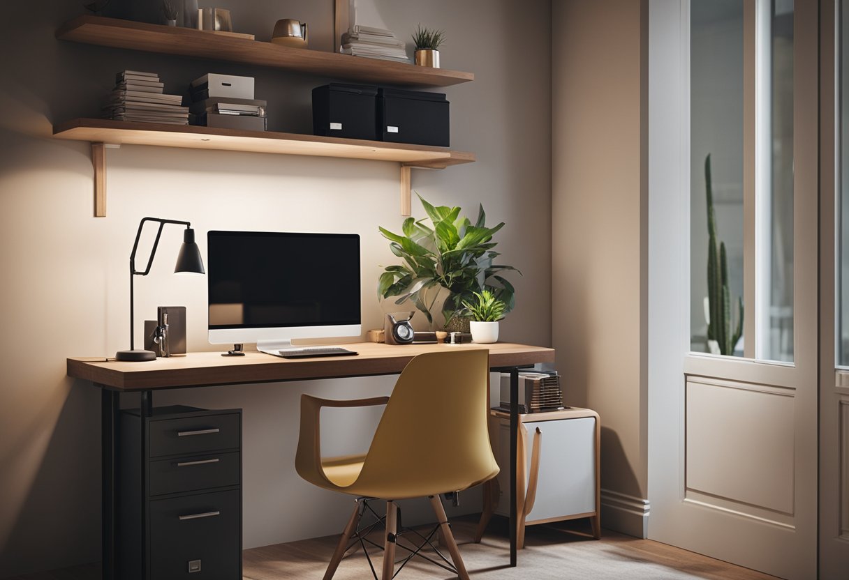 A small desk with a laptop, organized shelves, a comfortable chair, and a compact filing cabinet in a cozy corner of the bedroom