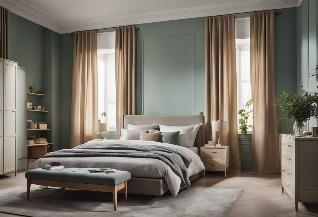 A cozy bedroom with a double bed, bedside tables, and a large window with curtains. The walls are painted in a soothing color, and there is a wardrobe and a dresser in the room