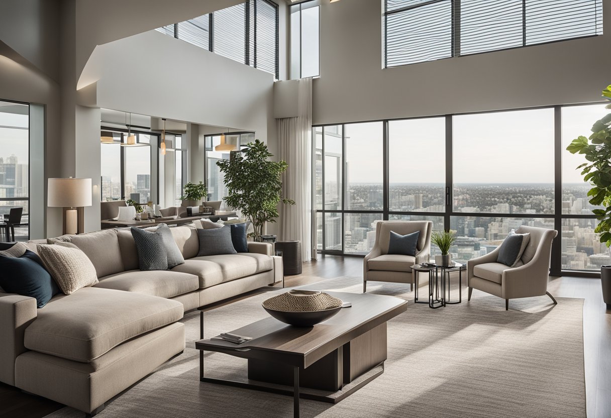 A spacious and modern 2-bedroom condo with open concept living area, large windows, sleek furniture, and a neutral color palette
