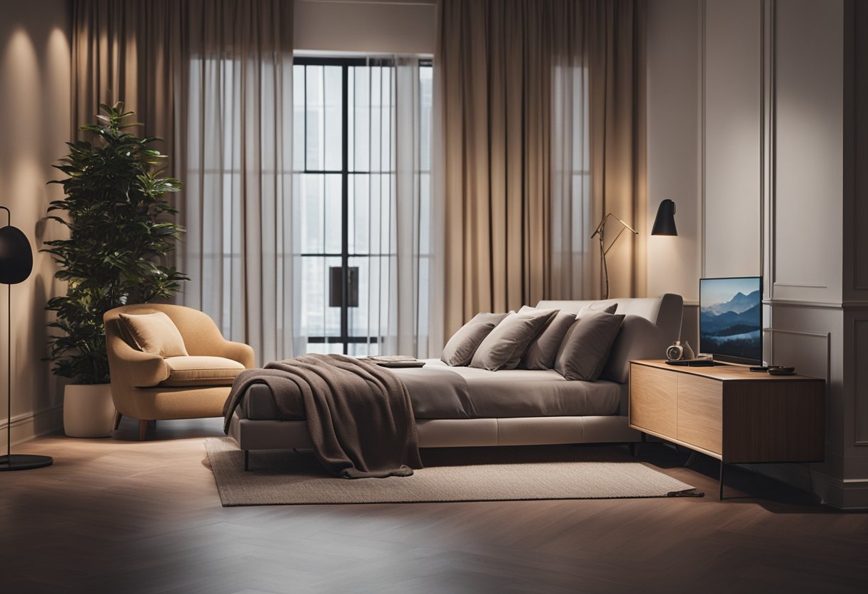 A cozy bedroom with a single sofa nestled in a corner, complementing the decor with its sleek design and soft upholstery