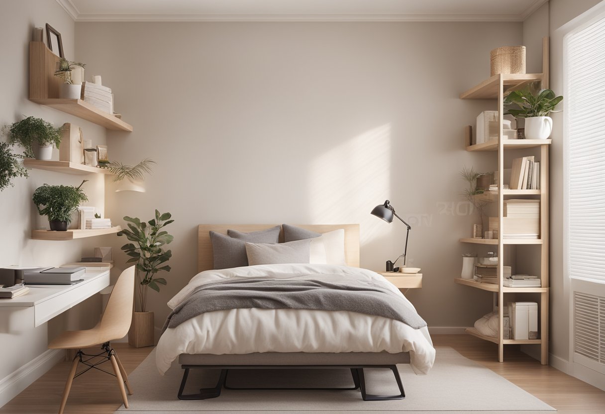 A cozy, minimalist bedroom with a small bed, a compact desk, and shelves mounted on the wall. Soft, neutral colors and natural light create a tranquil atmosphere