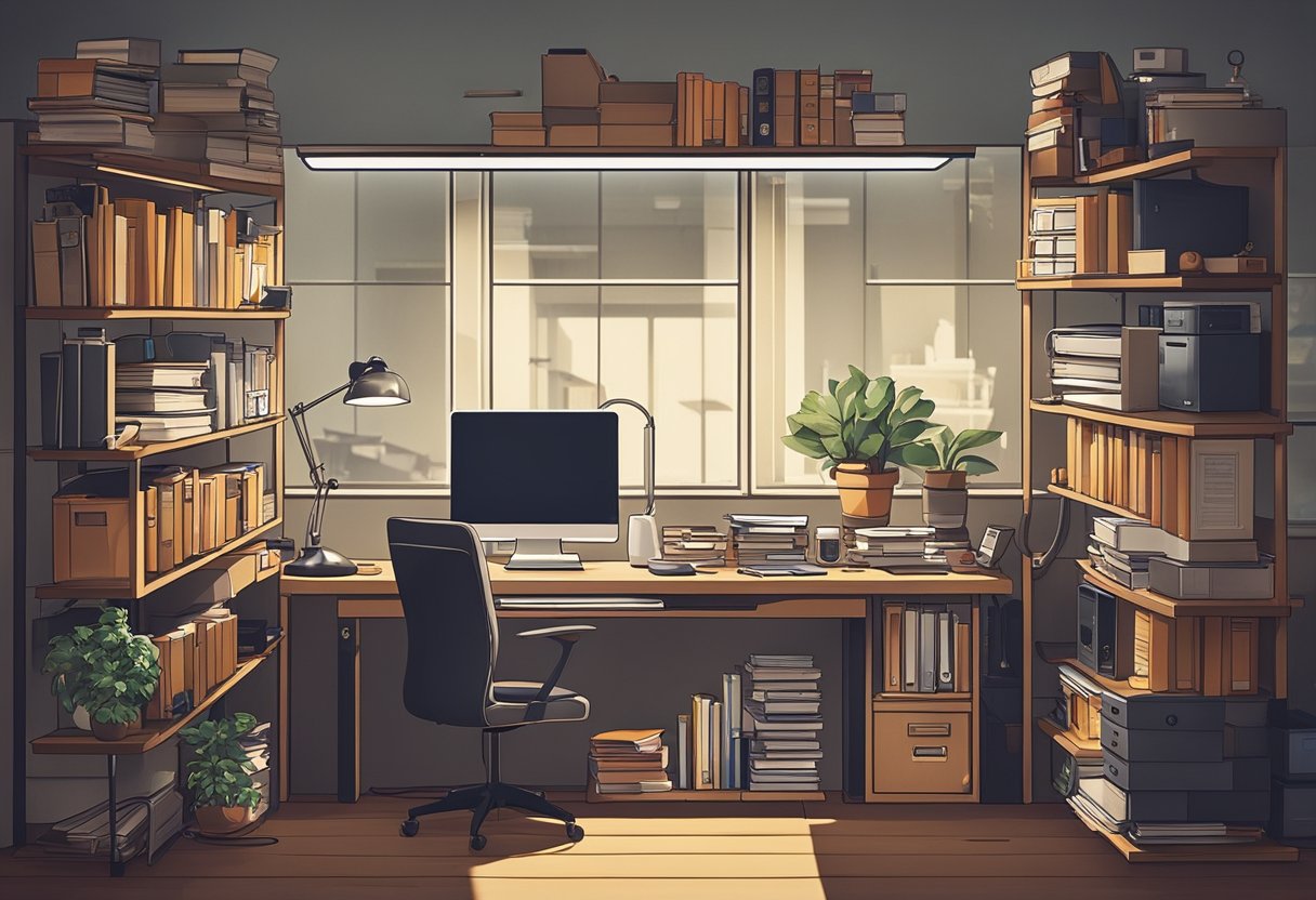 A cluttered desk with a computer, printer, and office supplies. Shelves filled with books and files. A small window with natural light. Cozy and functional