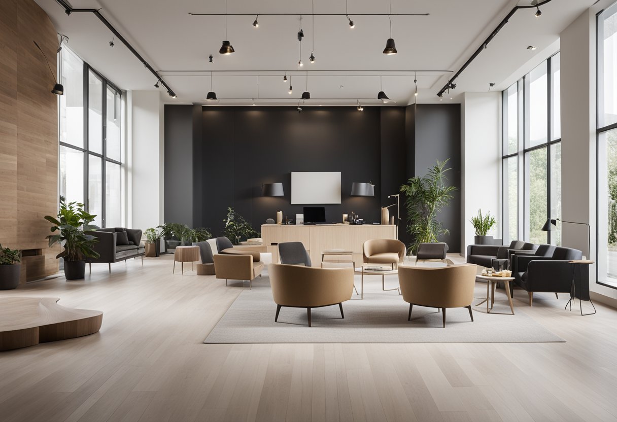 A modern, minimalist interior design studio with clean lines, neutral colors, and natural light. Clients are greeted by a welcoming reception area and comfortable seating, creating a calming and inviting atmosphere
