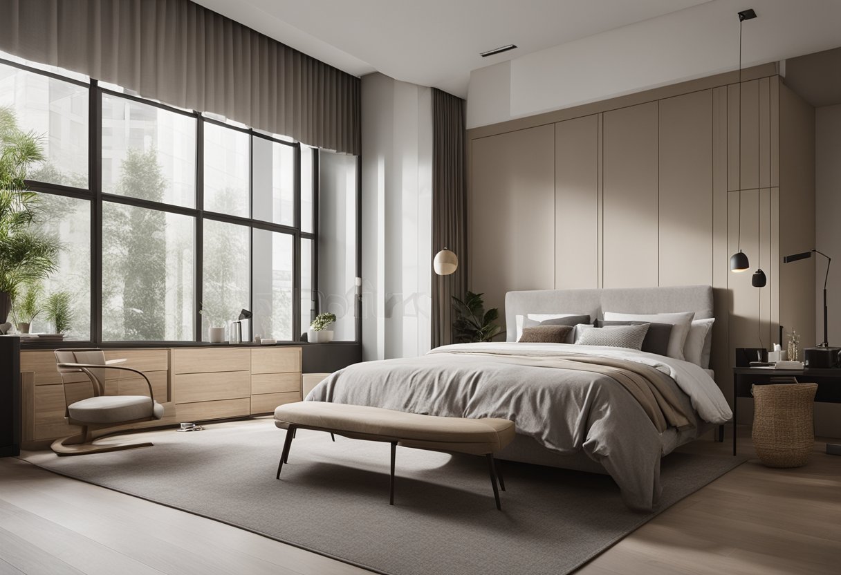 A spacious bedroom with neutral tones, large windows, and ample natural light. A minimalist design with a comfortable bed, a study area, and storage solutions