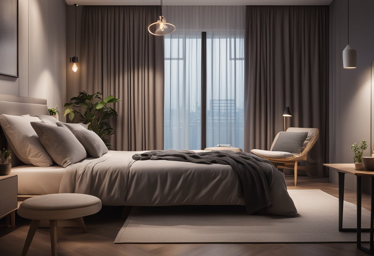 A cozy bedroom with a modern single sofa, surrounded by soft lighting and minimalist decor