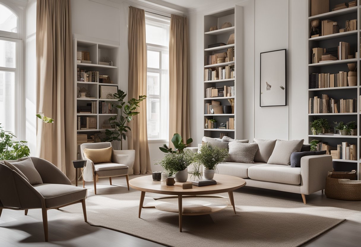 A cozy living room with modern furniture and a neutral color palette. A large window lets in natural light, and a bookshelf filled with design books stands against one wall