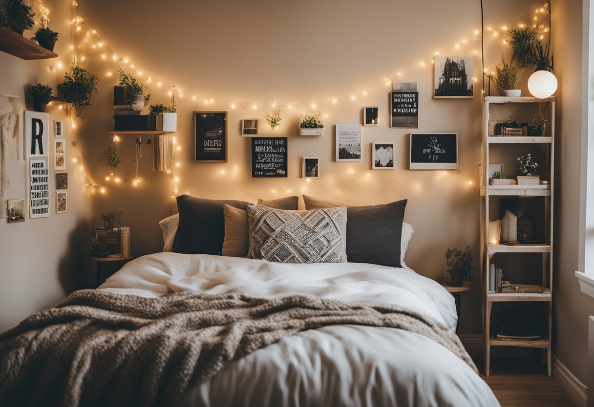 A cozy small bedroom with DIY wall art, string lights, and repurposed furniture for a budget-friendly, creative decor theme