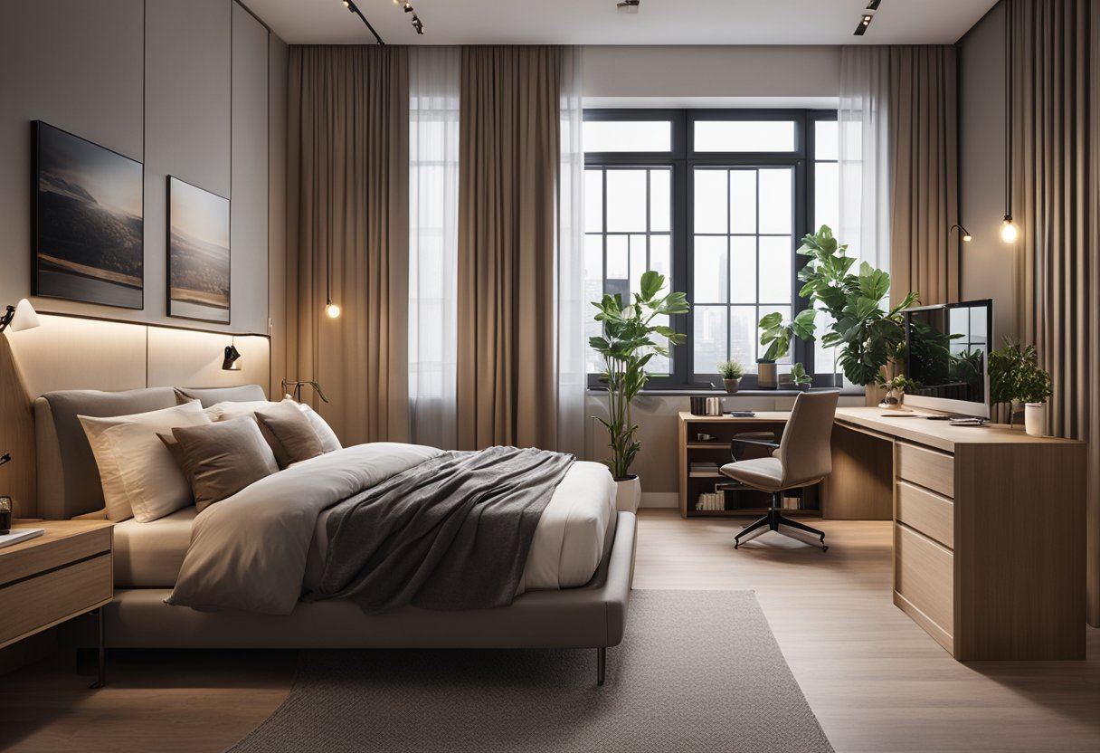 A spacious bedroom with modern furniture, warm lighting, and a cozy atmosphere. A large bed with soft bedding, a sleek wardrobe, and a study desk