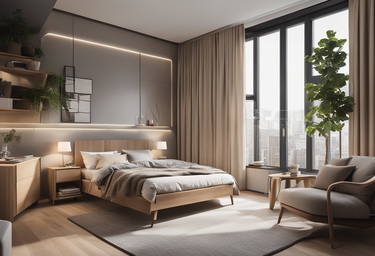 A cozy 3-room flat bedroom with space-saving furniture, a neutral color scheme, and ample natural light from large windows