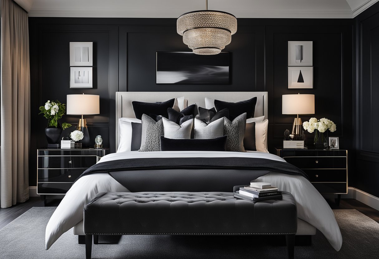 A sleek black bedroom with minimalistic decor and a large, plush bed. The walls are painted a deep shade of black, with contrasting white linens and a few pops of color in the form of decorative pillows and artwork