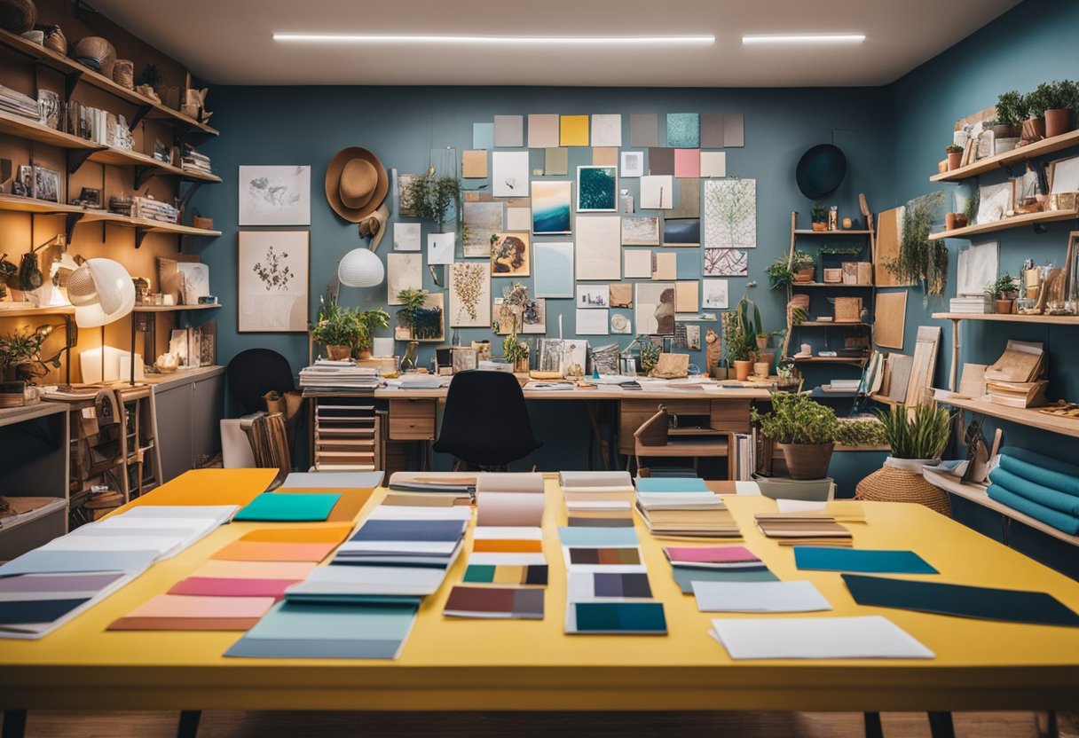 A colorful studio with sketches, fabric swatches, and mood boards scattered on a large table. Brightly painted walls and shelves filled with design books and quirky decor
