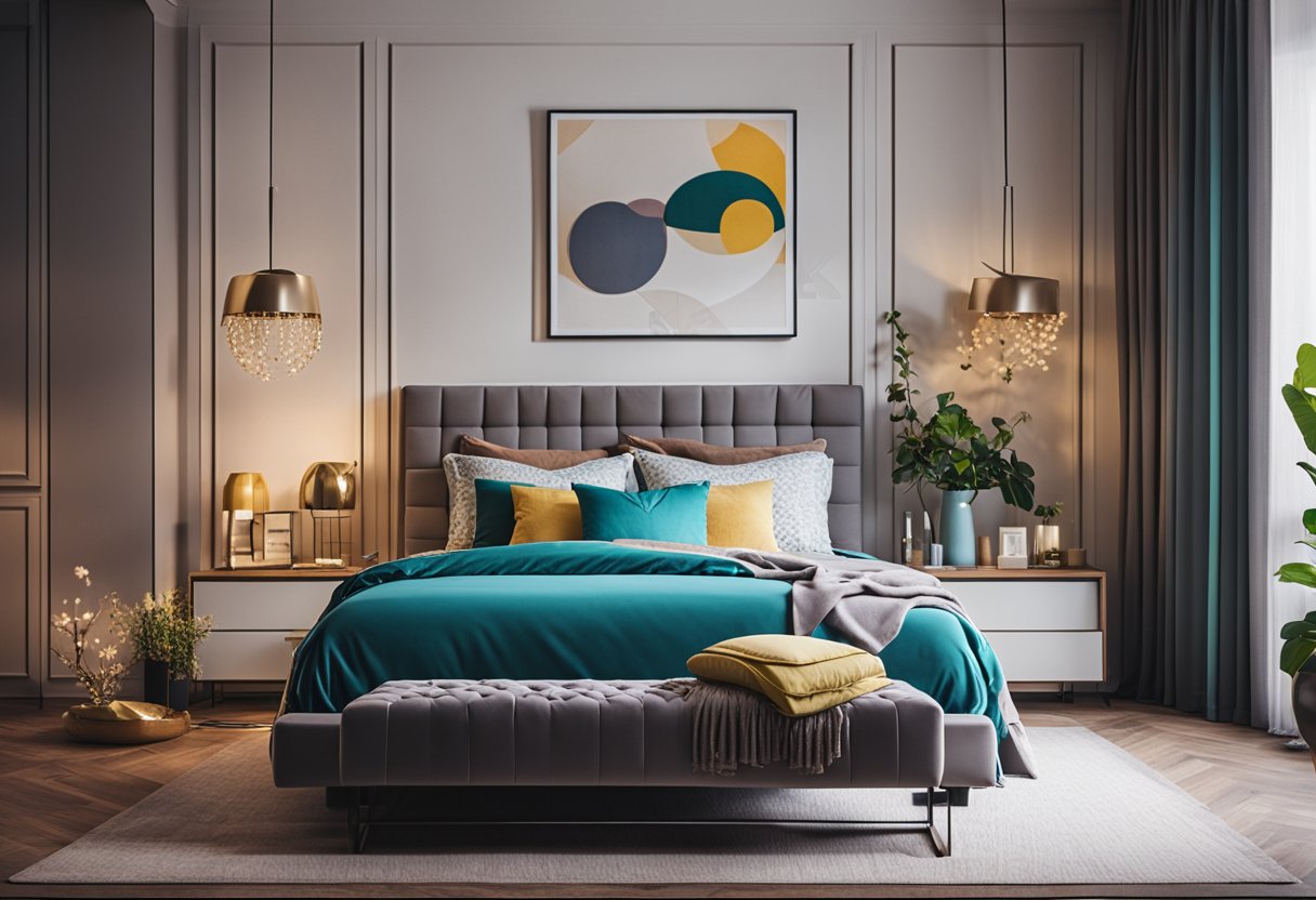A cozy bedroom with vibrant colors, modern furniture, and personalized decor