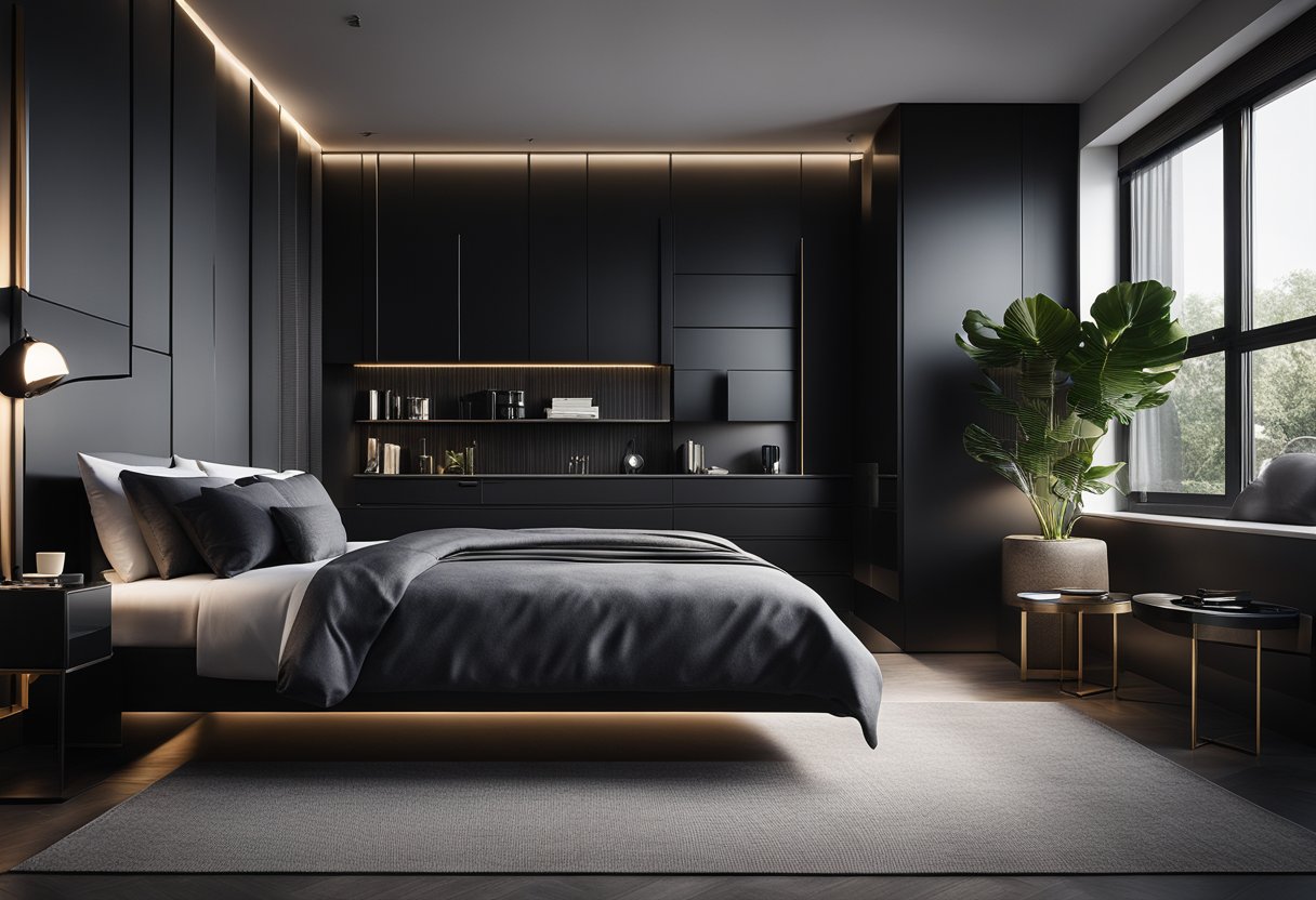 A sleek black bedroom with a bold geometric accent wall, minimalist furniture, and dramatic lighting