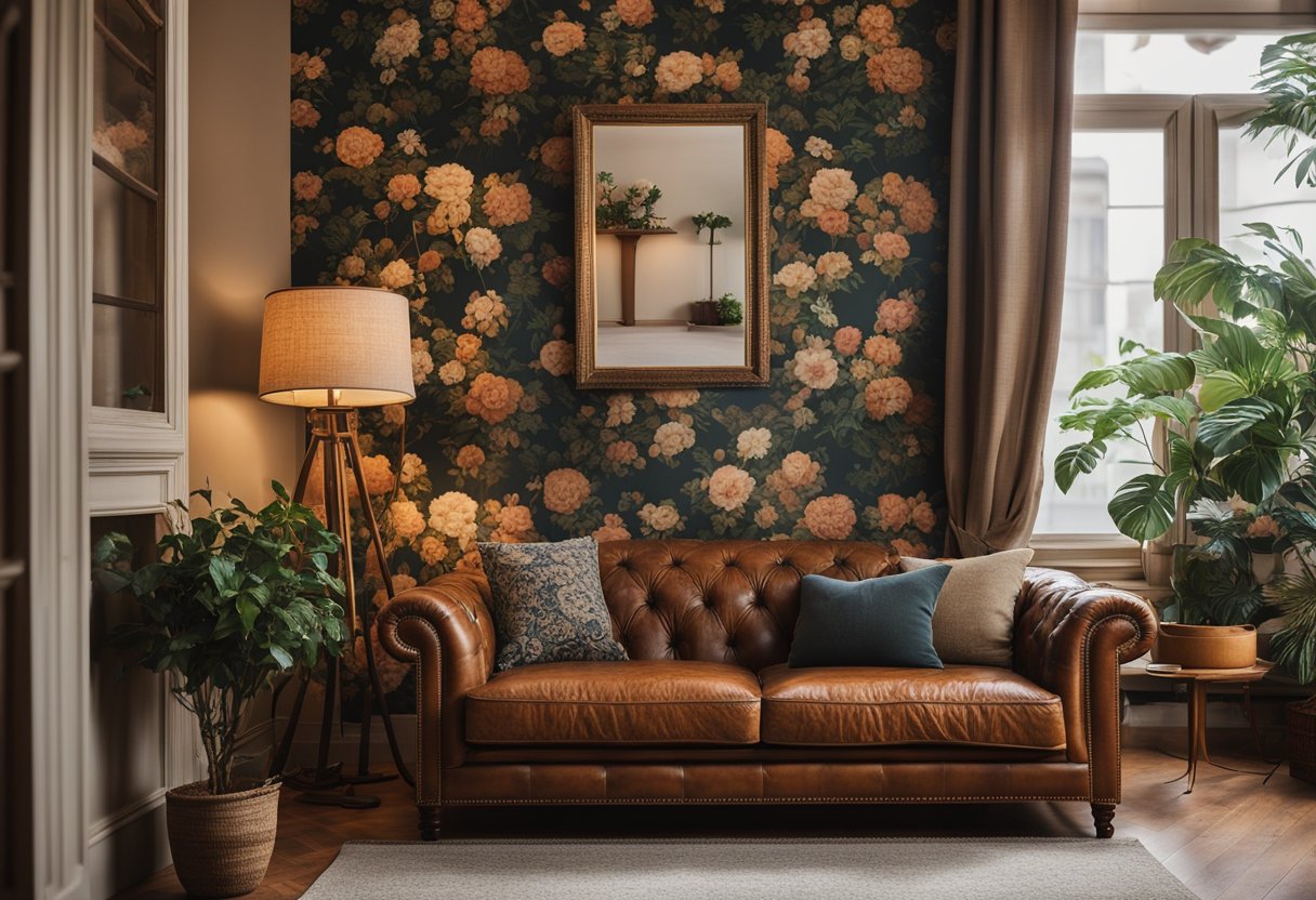 A cozy vintage living room with floral wallpaper, a worn leather armchair, a brass floor lamp, and a wooden coffee table with a floral centerpiece