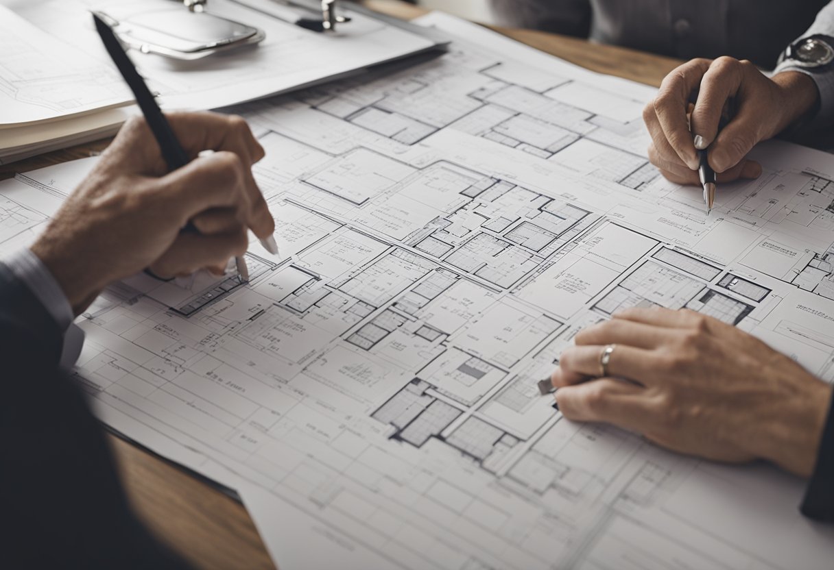An interior designer sketches floor plans while an interior architect creates structural blueprints