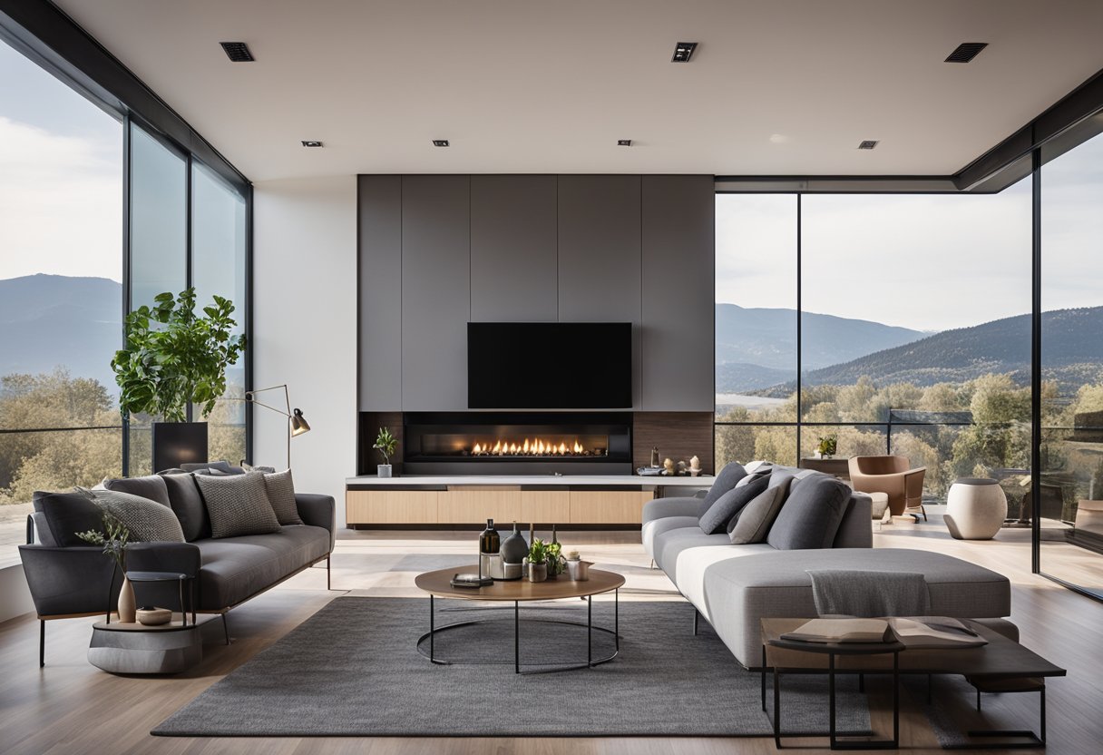 A spacious living room with modern furniture and large windows overlooking a scenic view. A cozy fireplace and a stylish, functional kitchen complete the open floor plan