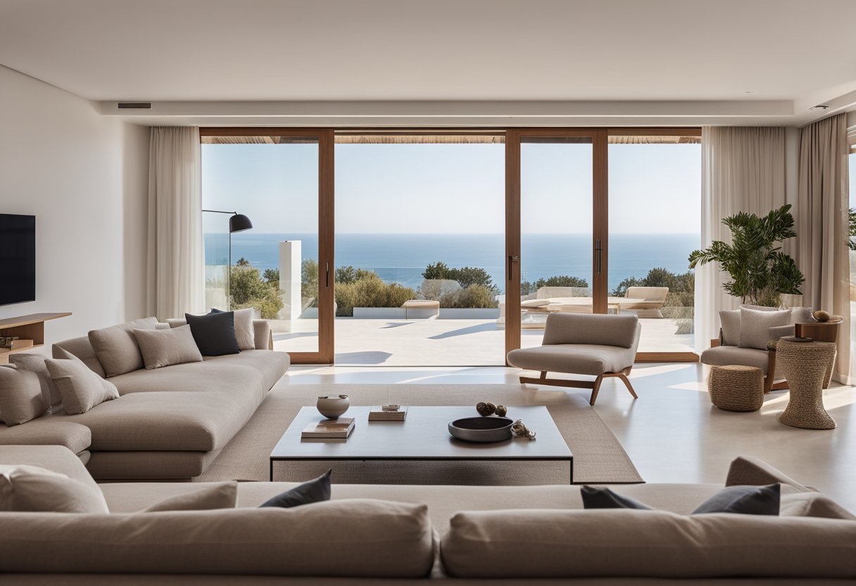 A spacious living room with clean lines, white walls, and large windows overlooking the Mediterranean Sea. The room features minimalist furniture, earthy tones, and natural textures like wood and stone