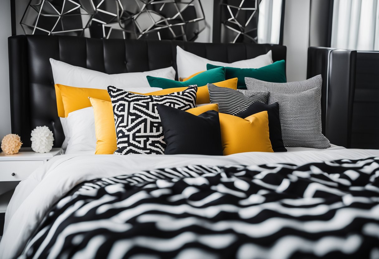 A black and white bedroom with vibrant pops of color in the form of pillows, throws, and decorative accents