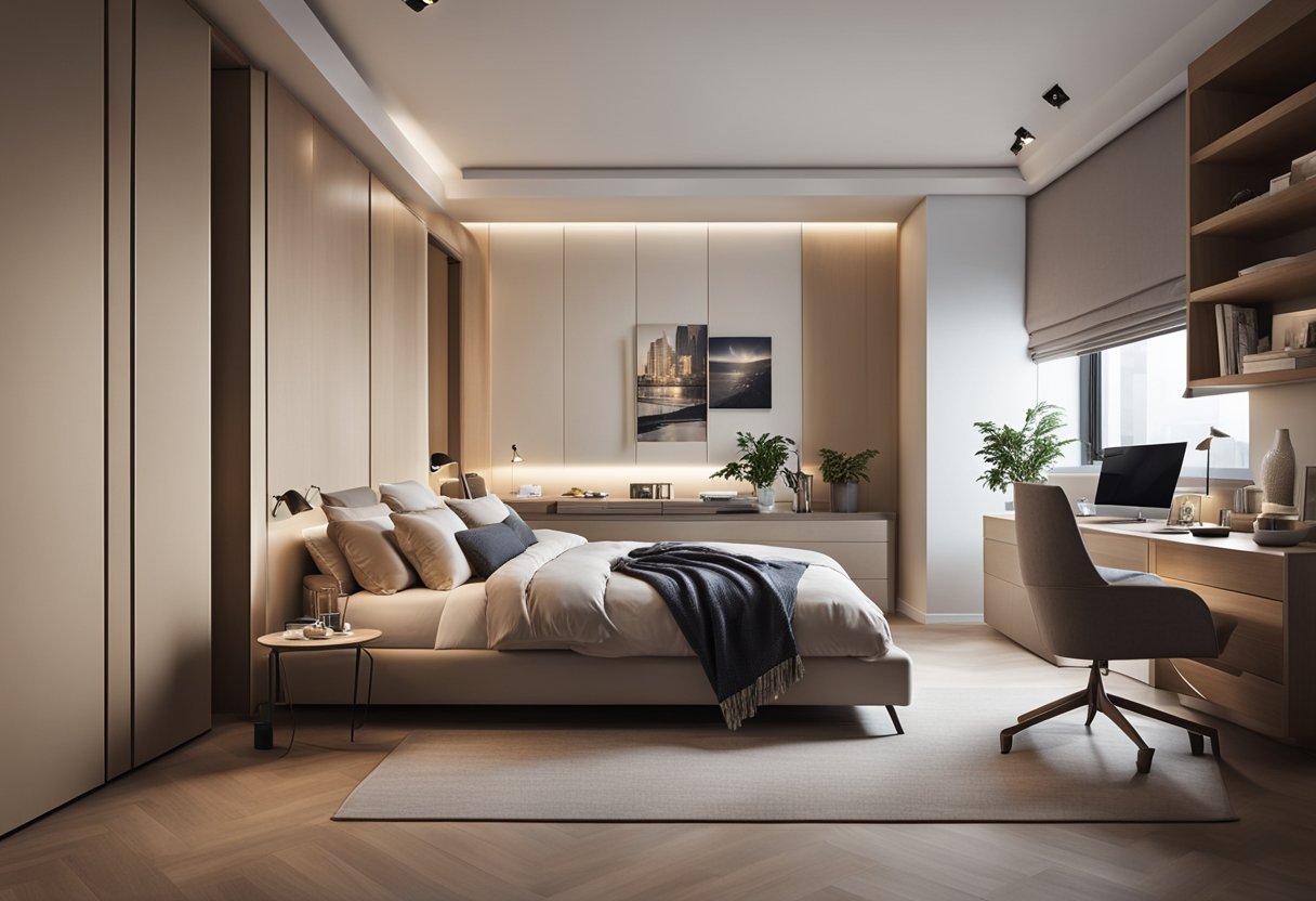 A modern 3-room flat bedroom with sleek furniture, soft lighting, and a neutral color palette. Functional storage solutions and stylish decor create a harmonious and inviting space