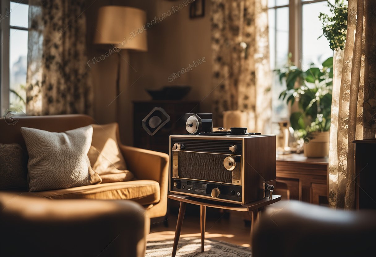 A cozy living room with floral wallpaper, antique furniture, and a vintage record player. Sunlight streams through lace curtains, casting a warm glow