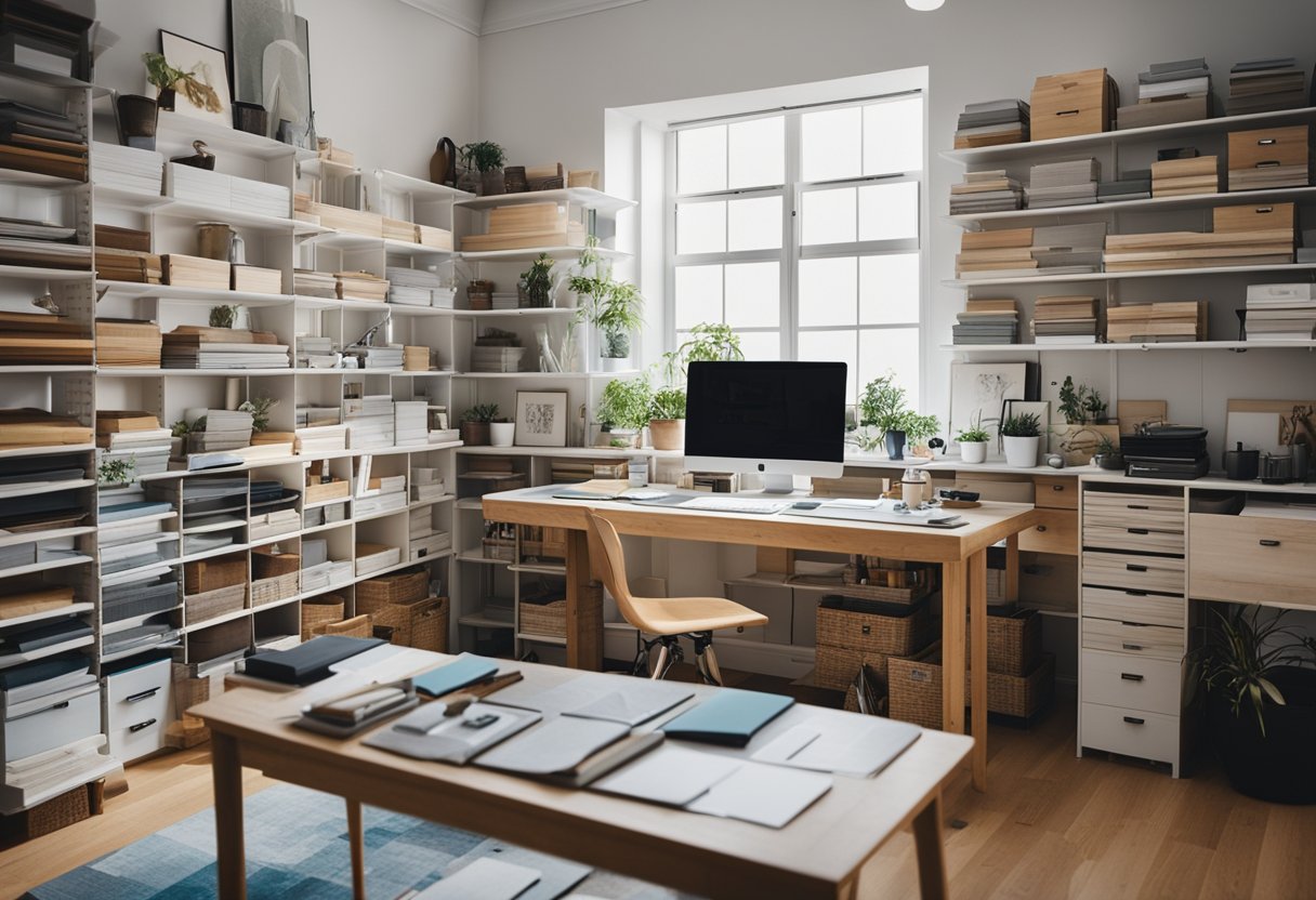 A bright, modern studio filled with colorful swatches, sketches, and mood boards. A large drafting table sits in the center, surrounded by shelves of design books and stylish decor