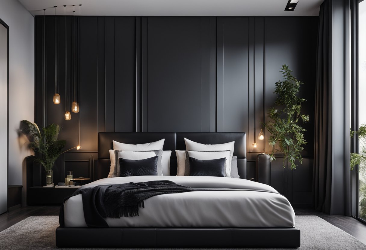 A sleek black bedroom with modern design, featuring a minimalist bed, chic furniture, and a wall adorned with frequently asked questions about interior decor