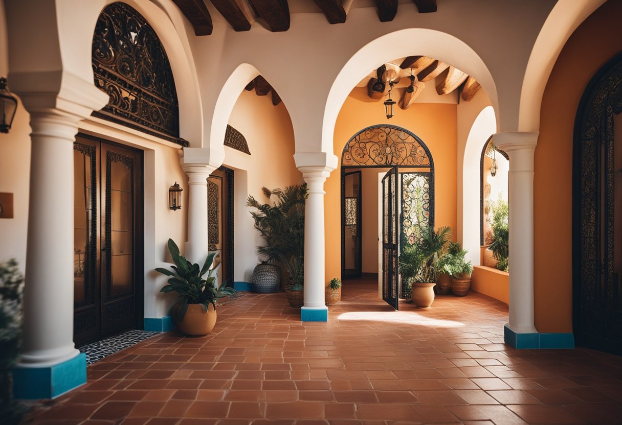 A modern Spanish Mediterranean interior with arched doorways, wrought iron accents, terracotta tiles, and vibrant colors