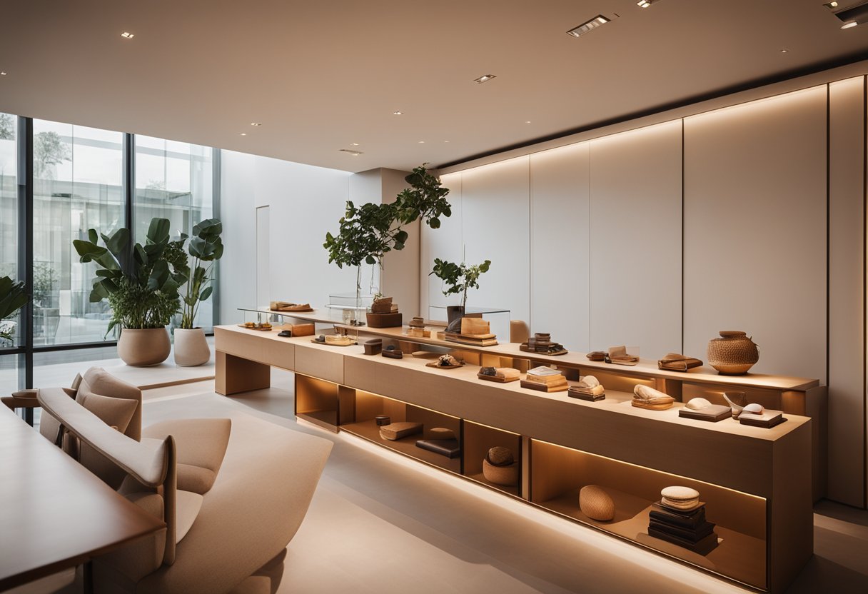 A luxurious, minimalistic space with natural materials, soft lighting, and clean lines, reflecting the timeless elegance and craftsmanship of Hermès