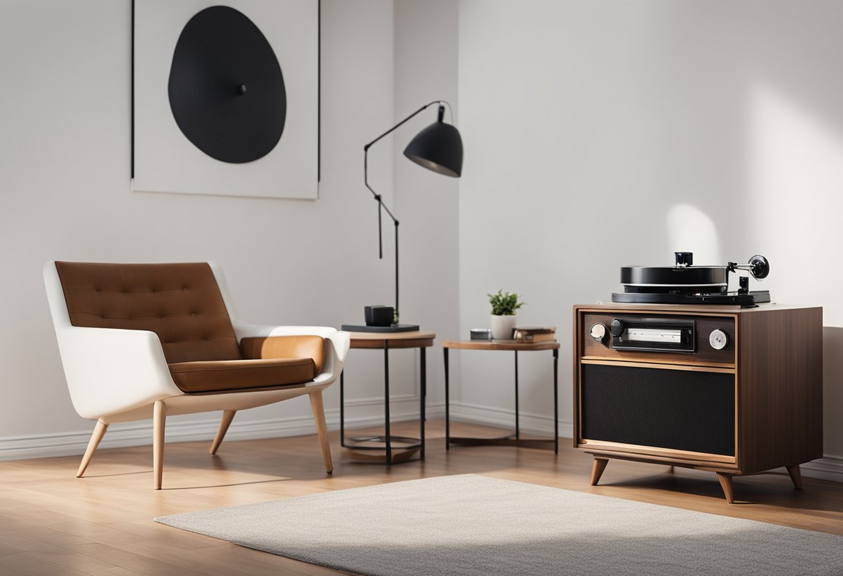 A vintage armchair sits beside a sleek, modern coffee table. A retro record player shares space with a minimalist speaker system. Classic wallpaper contrasts with clean, white walls