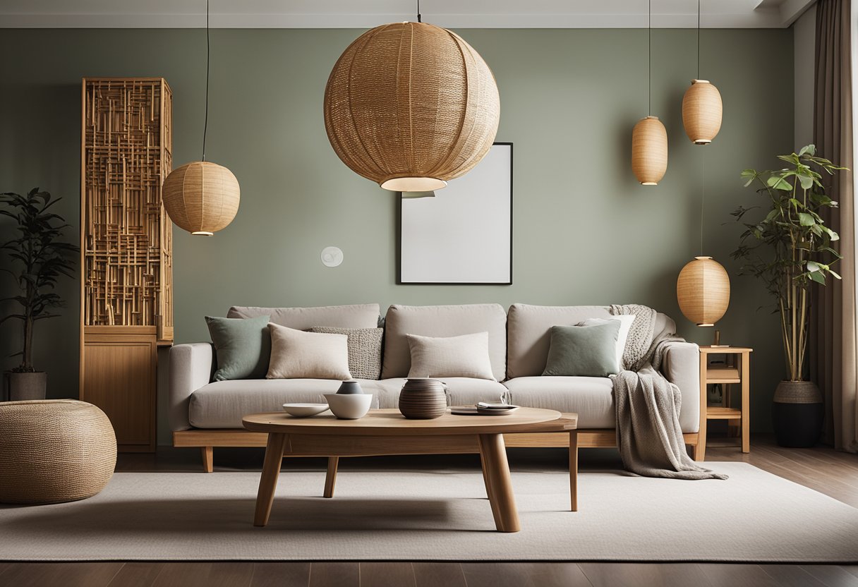 A modern living room with minimalist furniture and traditional Taiwanese decor. Bamboo accents, paper lanterns, and a muted color palette create a serene atmosphere