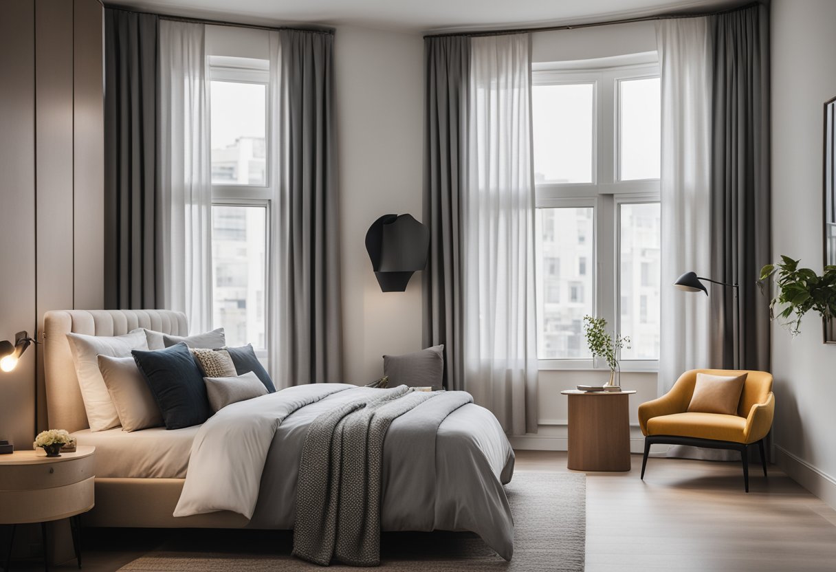 A cozy, modern bedroom with a double bed, bedside tables, and a large window with curtains. The room is well-lit and features a neutral color scheme with pops of color in the decor