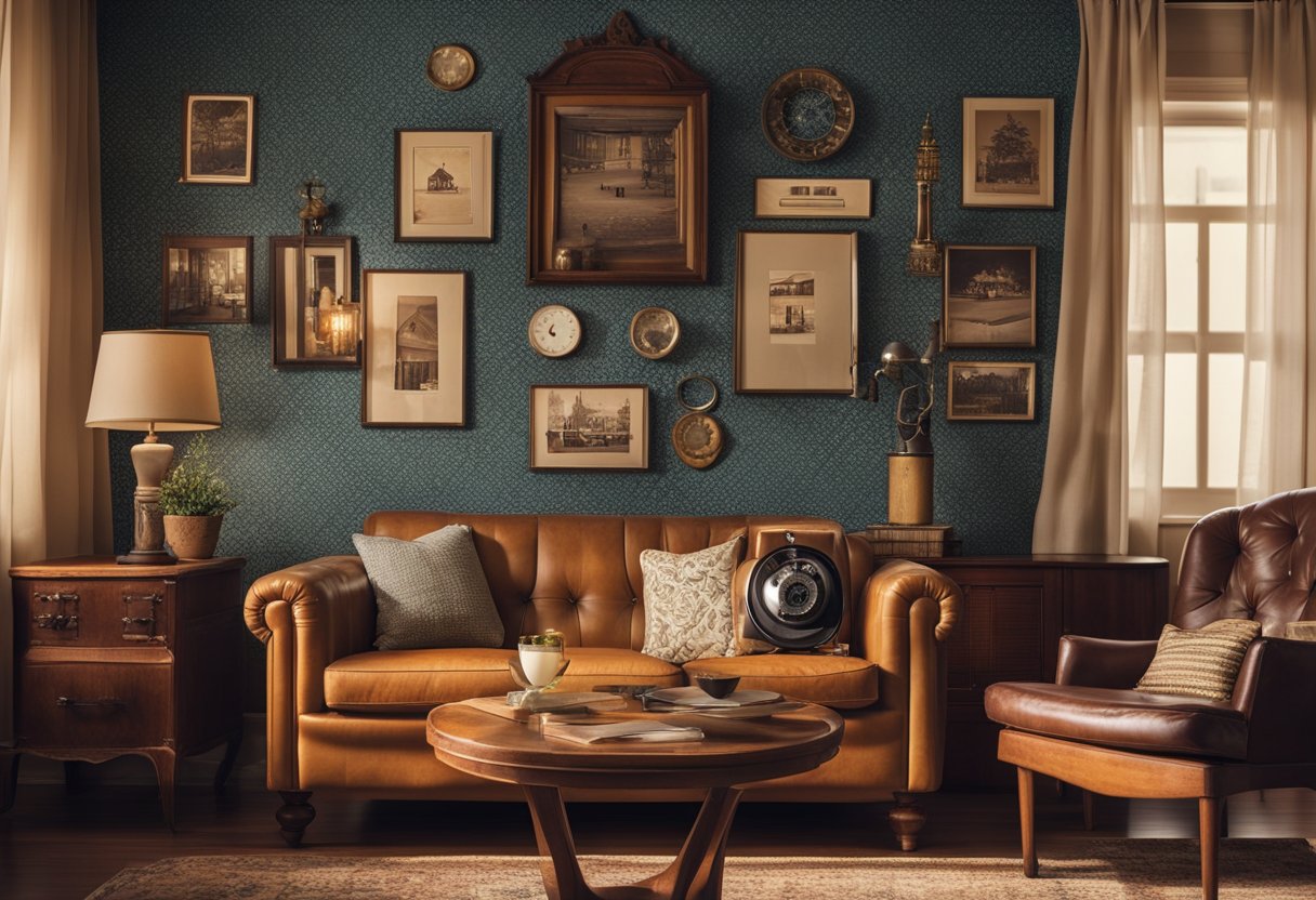 A cozy vintage living room with patterned wallpaper, antique furniture, and a retro rotary phone on a side table. Vintage posters adorn the walls