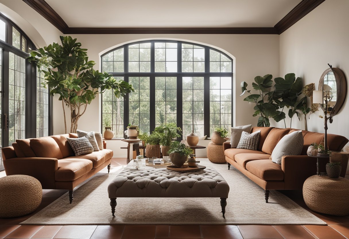 A spacious living room with white stucco walls, terracotta tile floors, and wrought iron accents. Large windows let in plenty of natural light, and the room is furnished with comfortable, earthy-toned sofas and chairs