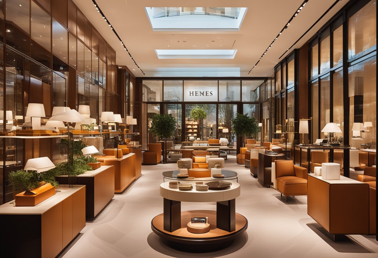 The iconic Hermès store features elegant and modern interior designs with luxurious materials and a sophisticated color palette