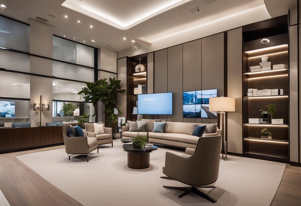 The interior design office of Hermes features sleek furniture, modern lighting, and a color palette of neutral tones. A large wall display showcases the company's frequently asked questions for clients