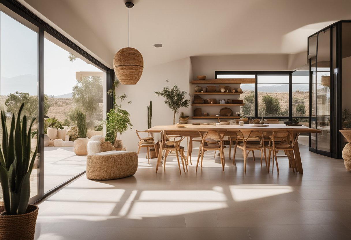 A modern Spanish Mediterranean interior with clean lines, warm earthy tones, and natural materials. A large open space with plenty of natural light, showcasing a blend of traditional and contemporary design elements