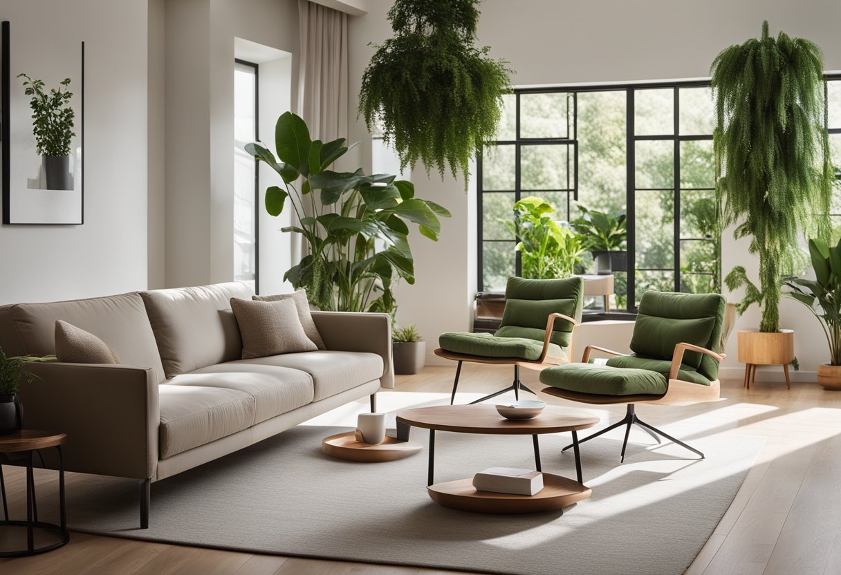 A modern living room with natural light, minimalistic furniture, and vibrant green plants. A cozy reading nook with a comfortable chair and soft lighting