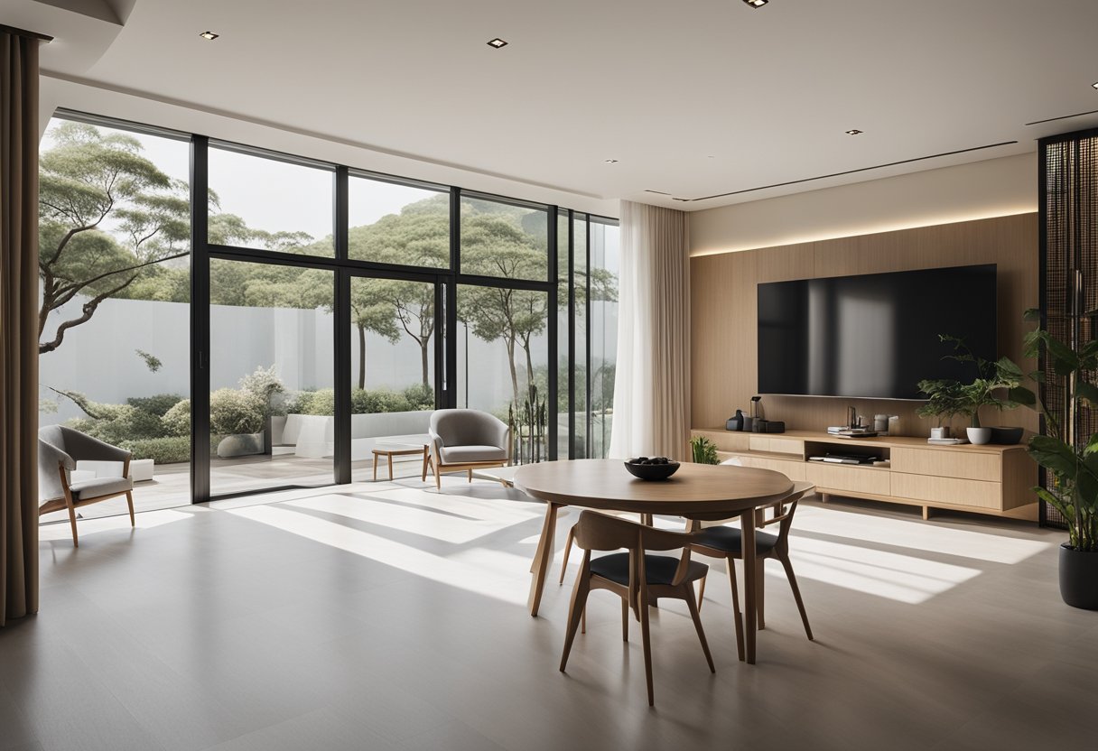 A modern, minimalist interior with clean lines and neutral colors. A spacious room with natural light and a mix of traditional and contemporary Taiwanese design elements