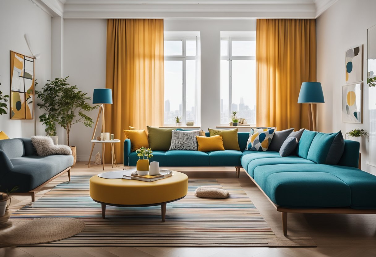 The room is filled with colorful dots and stripes, creating a playful and vibrant atmosphere. The furniture is modern and minimalistic, with clean lines and bold patterns. Light filters in through large windows, illuminating the space