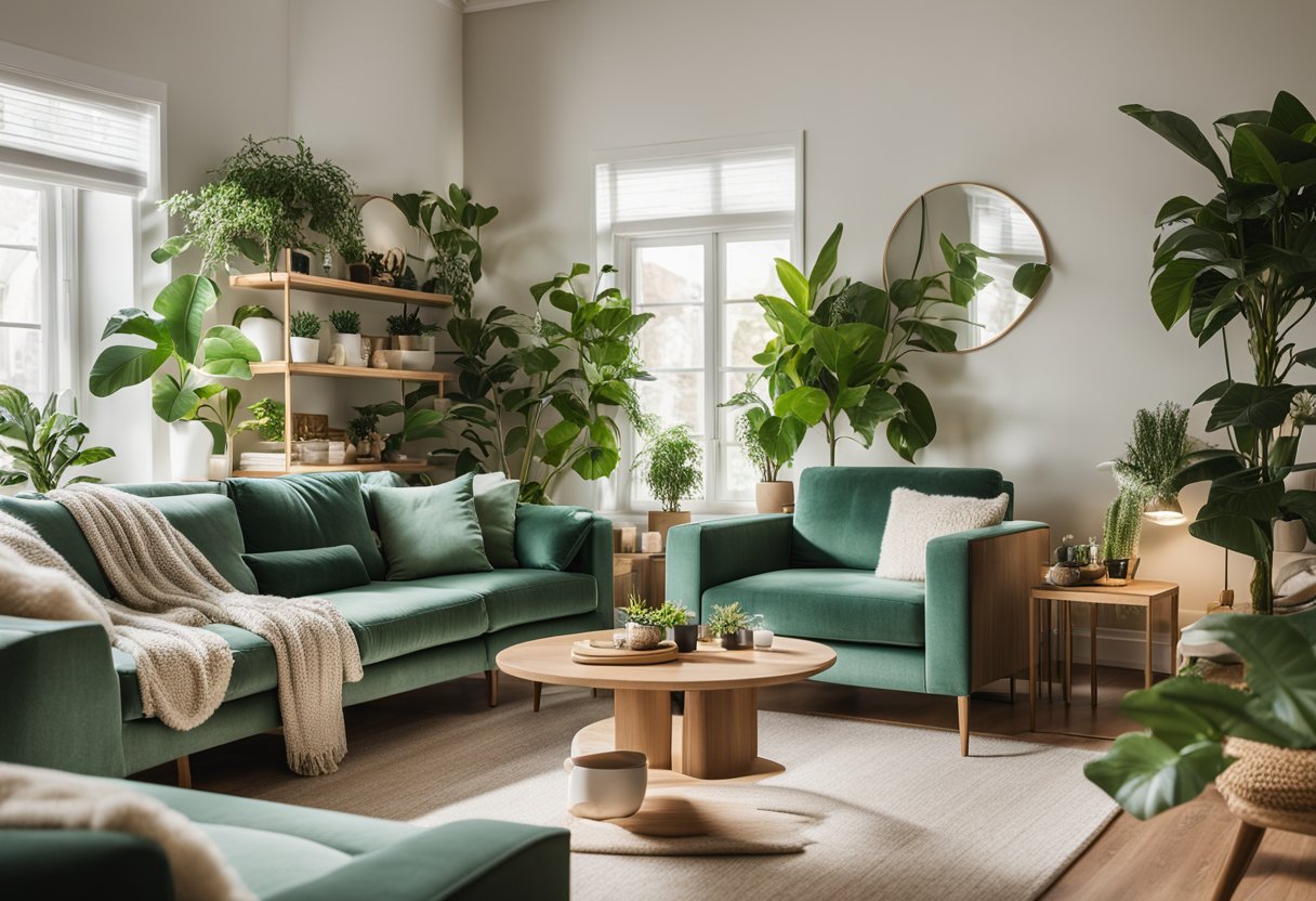 A cozy living room with a plush sofa, warm lighting, and a stylish coffee table. The walls are adorned with framed art and shelves filled with decorative items. A large window lets in natural light, and a lush indoor plant adds a touch of green