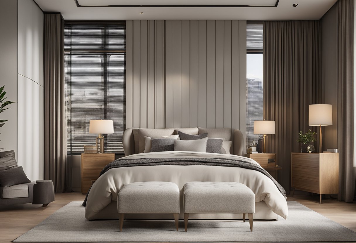 A spacious master bedroom with a king-sized bed centered against a feature wall, flanked by matching bedside tables and lamps. A cozy seating area with a plush armchair and ottoman sits in a corner, while a large window lets in natural light