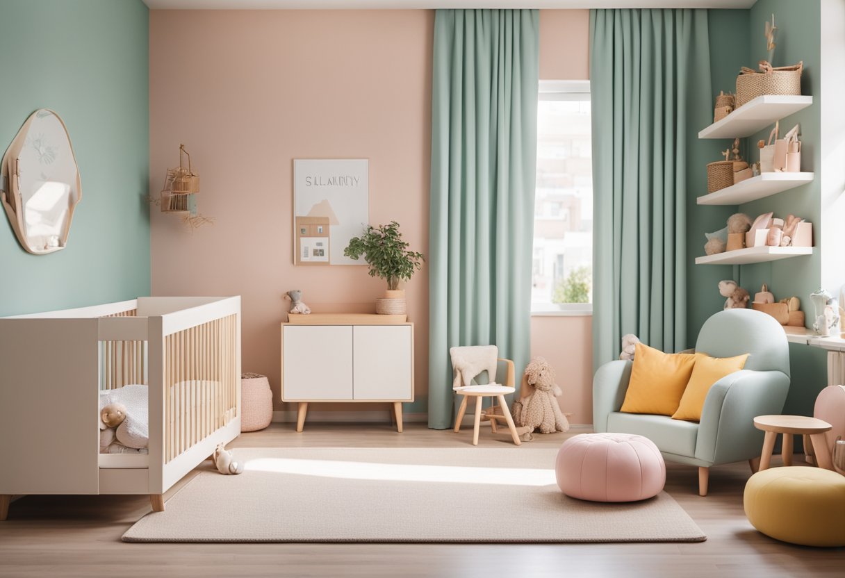 A modern, minimalist nursery with pastel walls, cozy furniture, and playful accents. A soothing, yet vibrant space for little ones to grow and learn