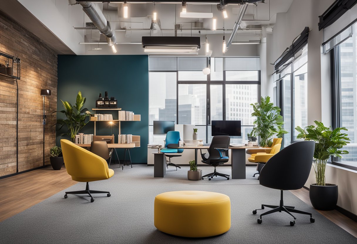 A cozy, modern office with sleek furniture and pops of color. A wall display features the company's logo and tagline. Light streams in through large windows, creating a welcoming atmosphere