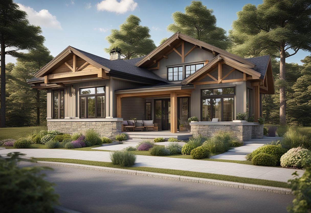 A 3-bedroom bungalow with a sloped roof, large windows, and a covered porch. The exterior features a mix of stone and wood siding, while the interior includes an open floor plan with a spacious kitchen and living area
