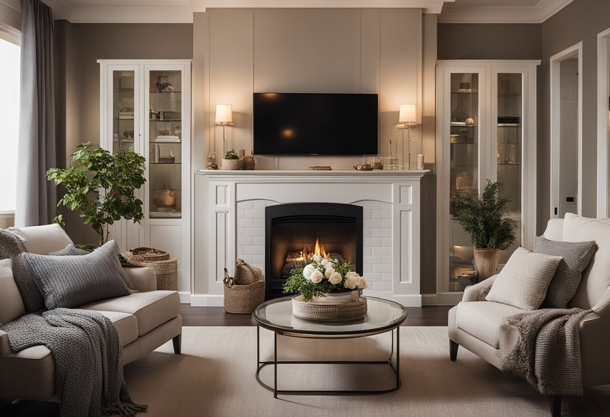 A cozy living room with a fireplace, soft lighting, and comfortable furniture. The walls are adorned with elegant artwork and the room is filled with warm, inviting colors