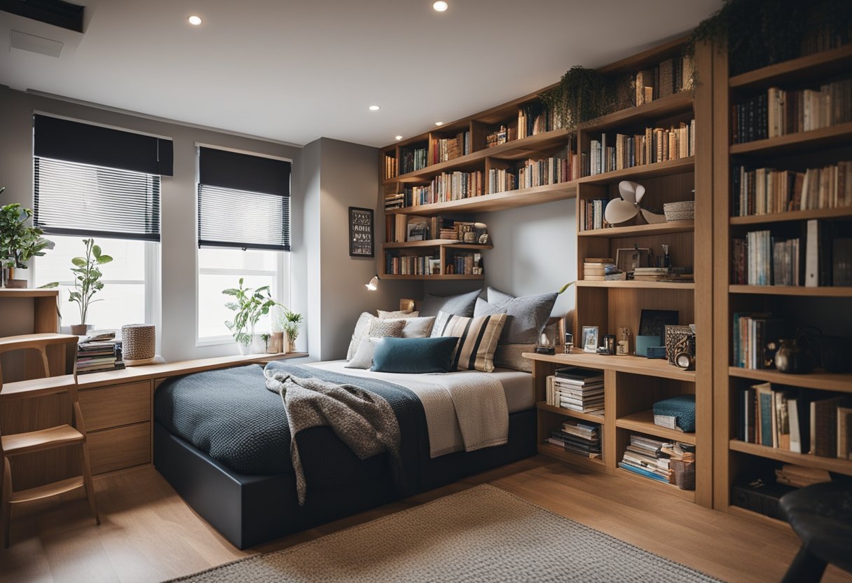 A cozy loft bed with a built-in desk and storage, surrounded by shelves filled with books and decorative items. A small seating area with a bean bag chair and a rug completes the space